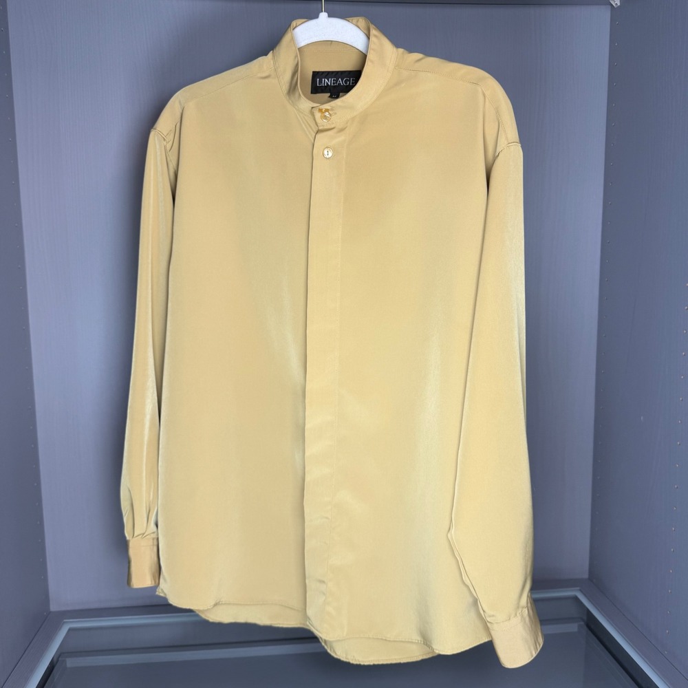Lineage Mens Mandarin Collar Shirt Size M Yellow Tan Long Sleeve Oversized Poly